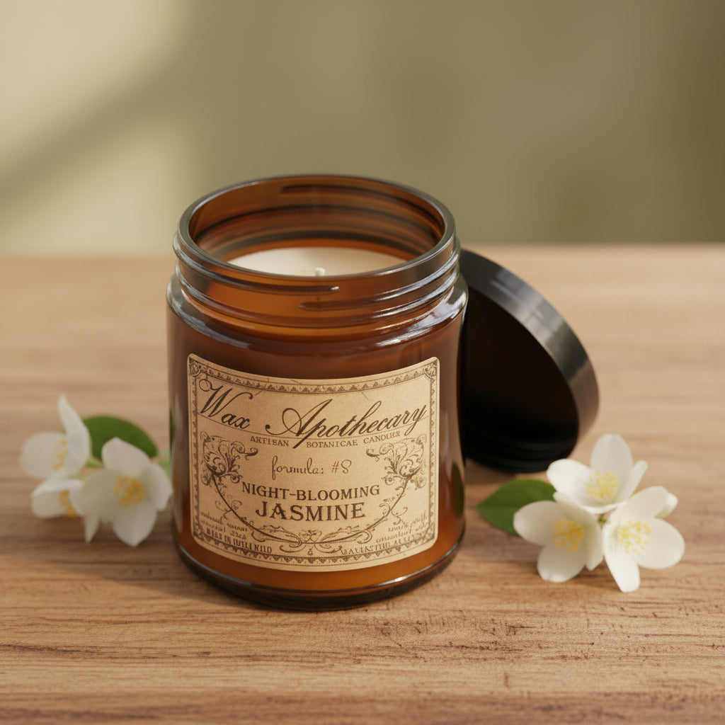6 oz Botanical Candle in Amber Glass Jar - Night-Blooming Jasmine