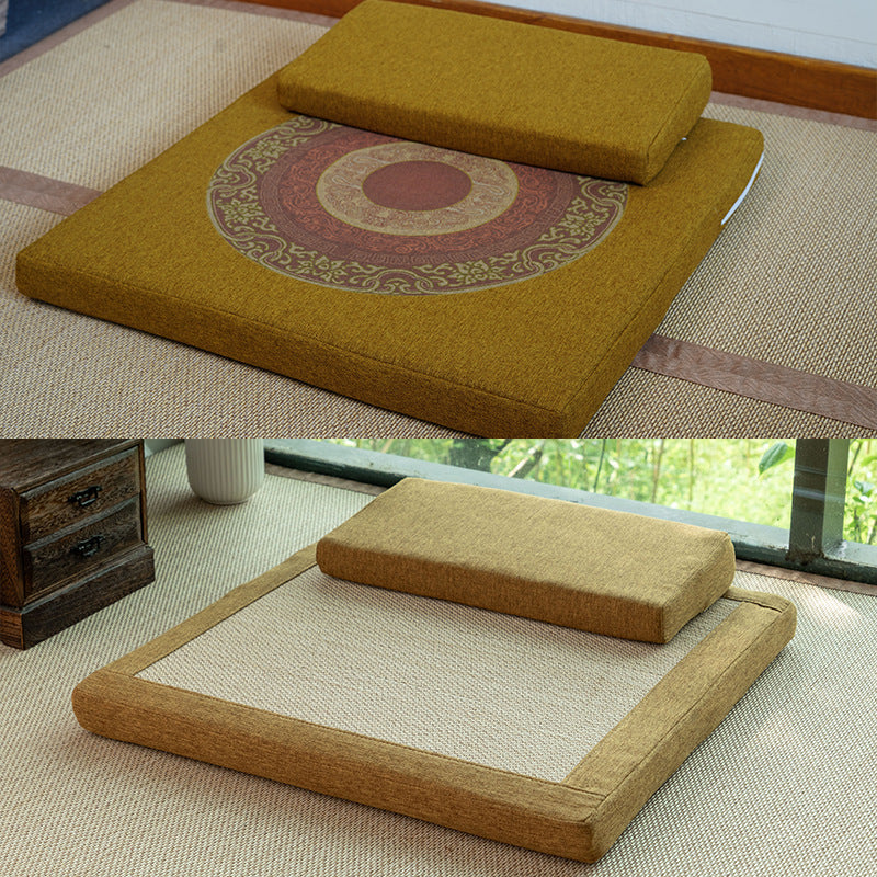 Double-Sided Meditation Cushion Set – Auspicious Botanical Fabric & Bamboo Fiber (Two-Tier)