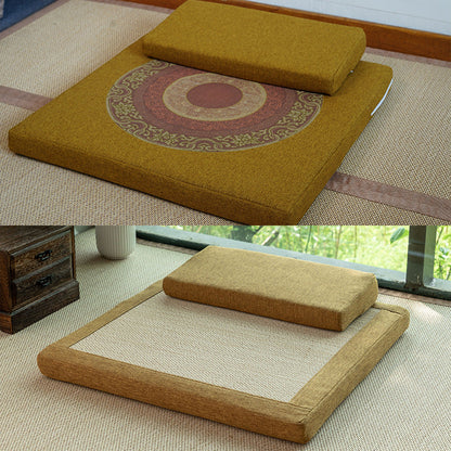Double-Sided Meditation Cushion Set – Auspicious Botanical Fabric & Bamboo Fiber (Two-Tier)