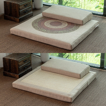 Double-Sided Meditation Cushion Set – Auspicious Botanical Fabric & Bamboo Fiber (Two-Tier)