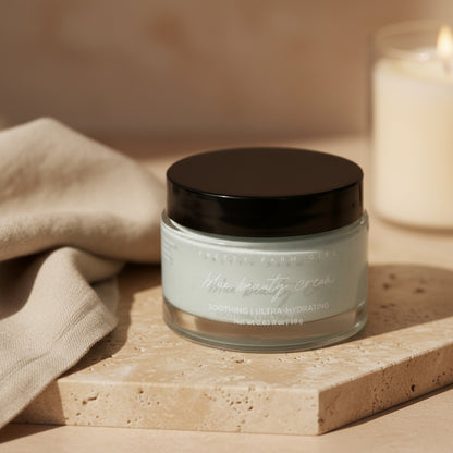 Glass jar with black lid on a white background