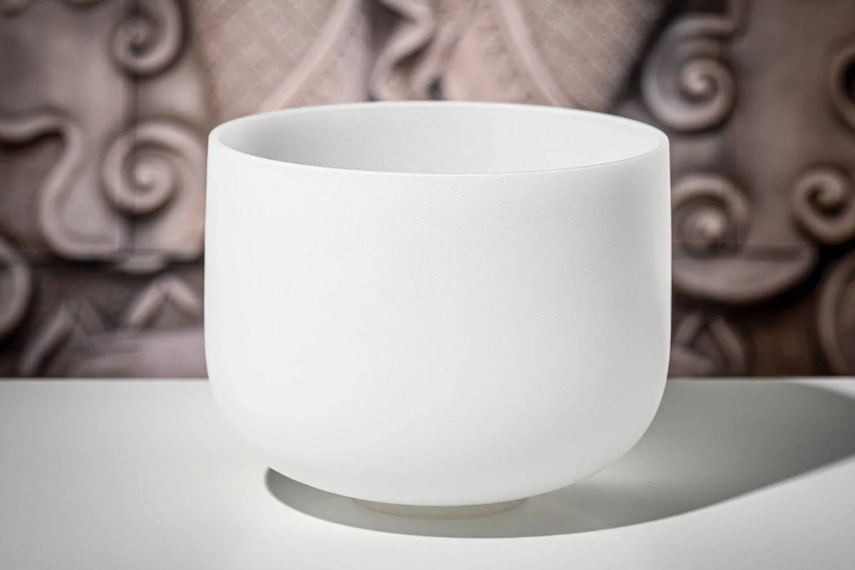 10" White-Frosted Crystal Singing Bowl, Note E4, Solar Plexus Chakra
