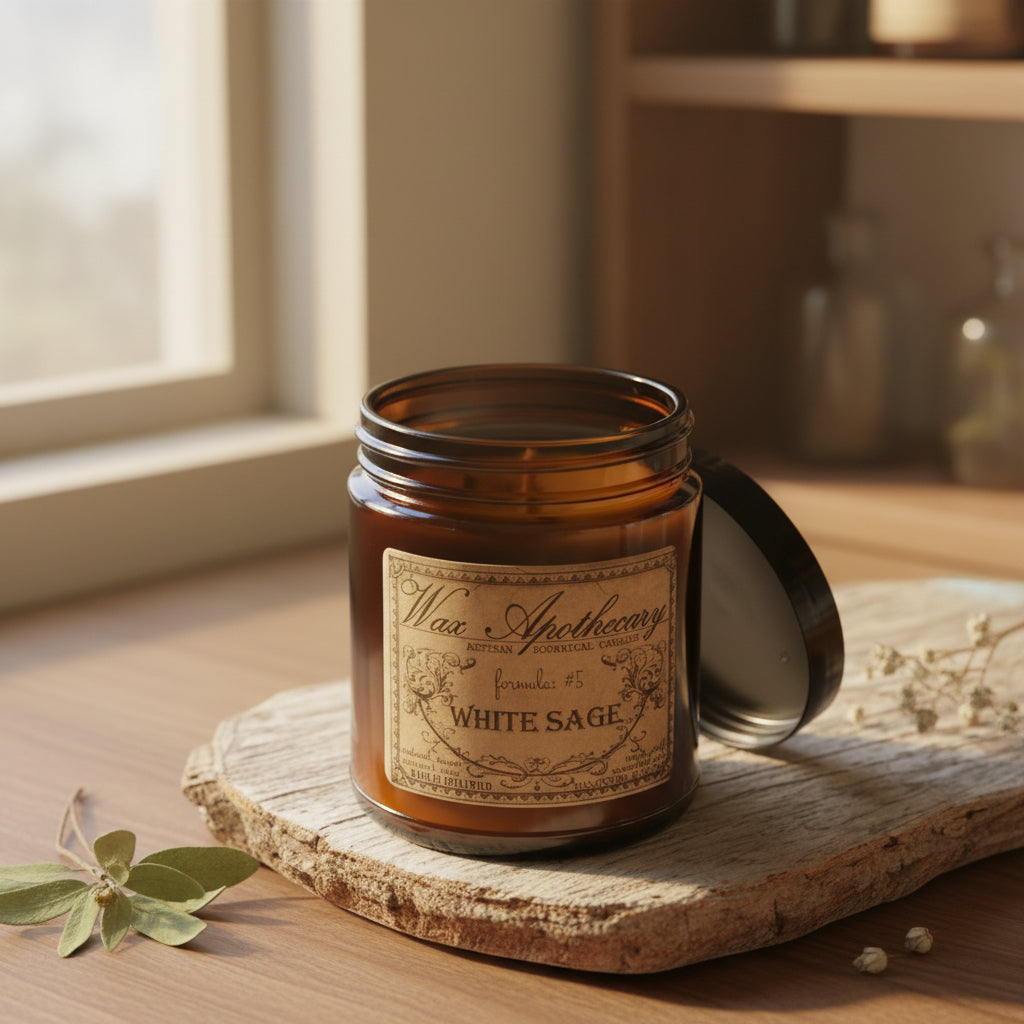 6 oz Botanical Candle in Amber Glass Jar - White Sage