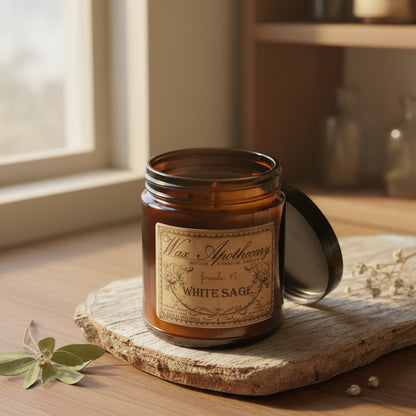 6 oz Botanical Candle in Amber Glass Jar - White Sage