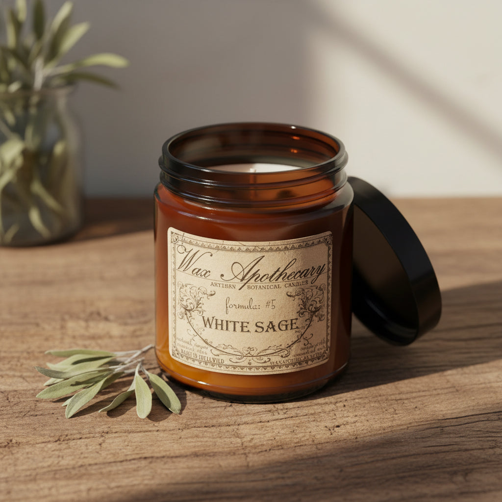 6 oz Botanical Candle in Amber Glass Jar - White Sage