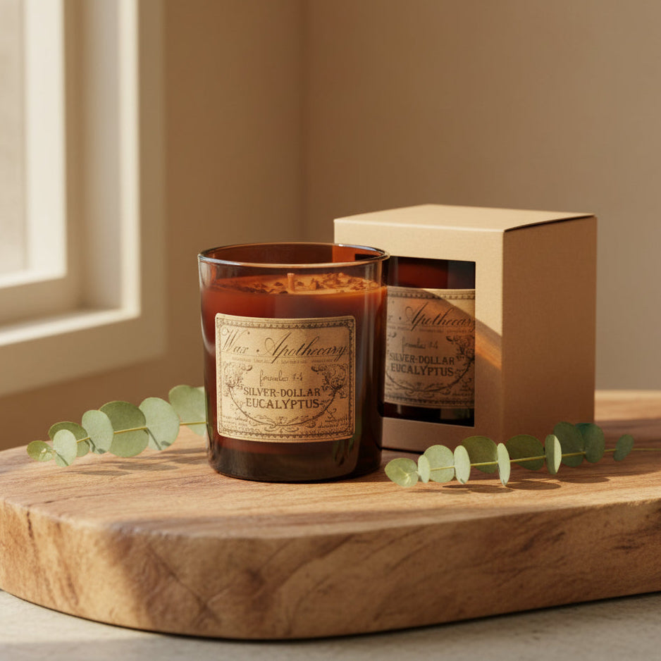 9 oz Silver-Dollar Eucalyptus Artisan Amber Glass Candle