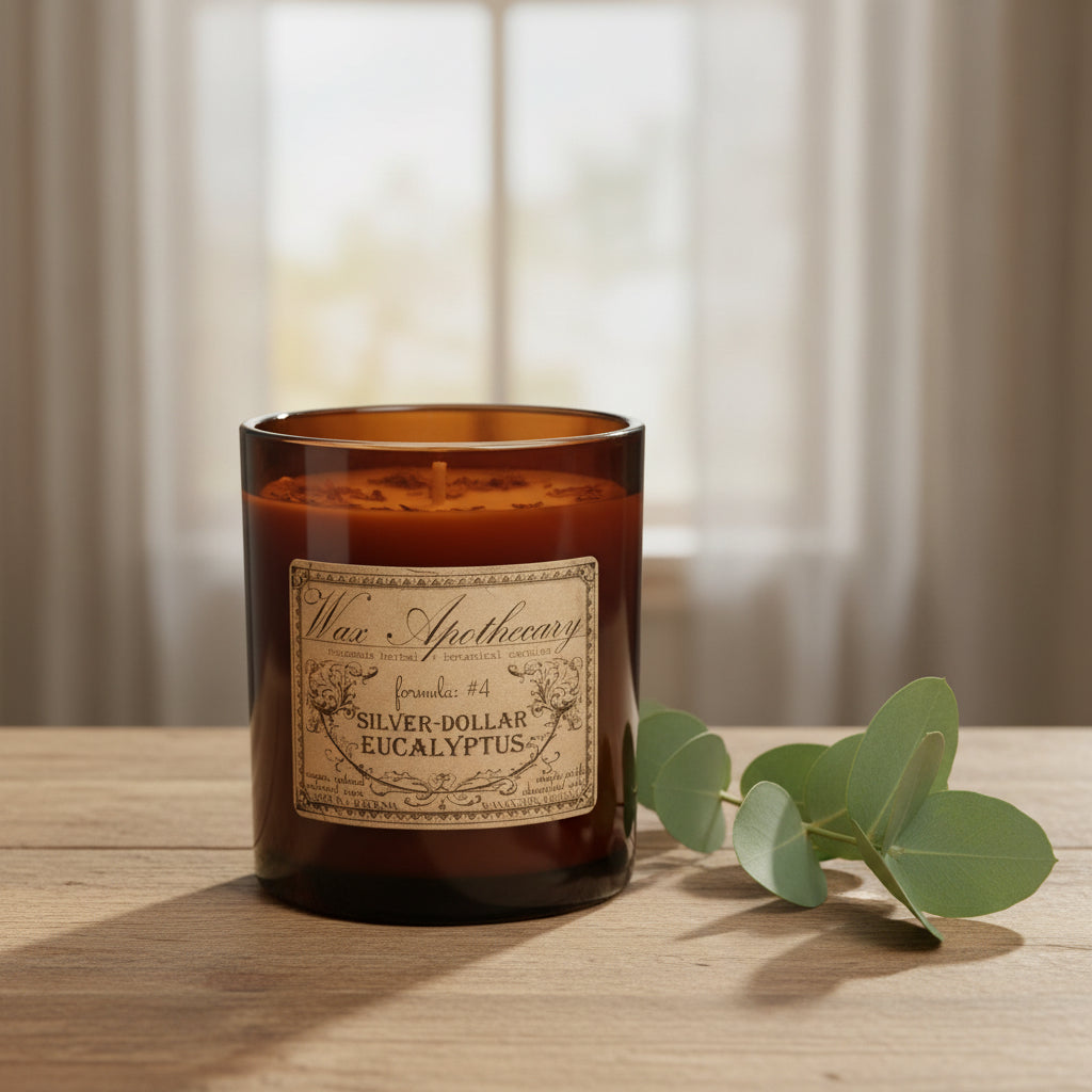 9 oz Silver-Dollar Eucalyptus Artisan Amber Glass Candle