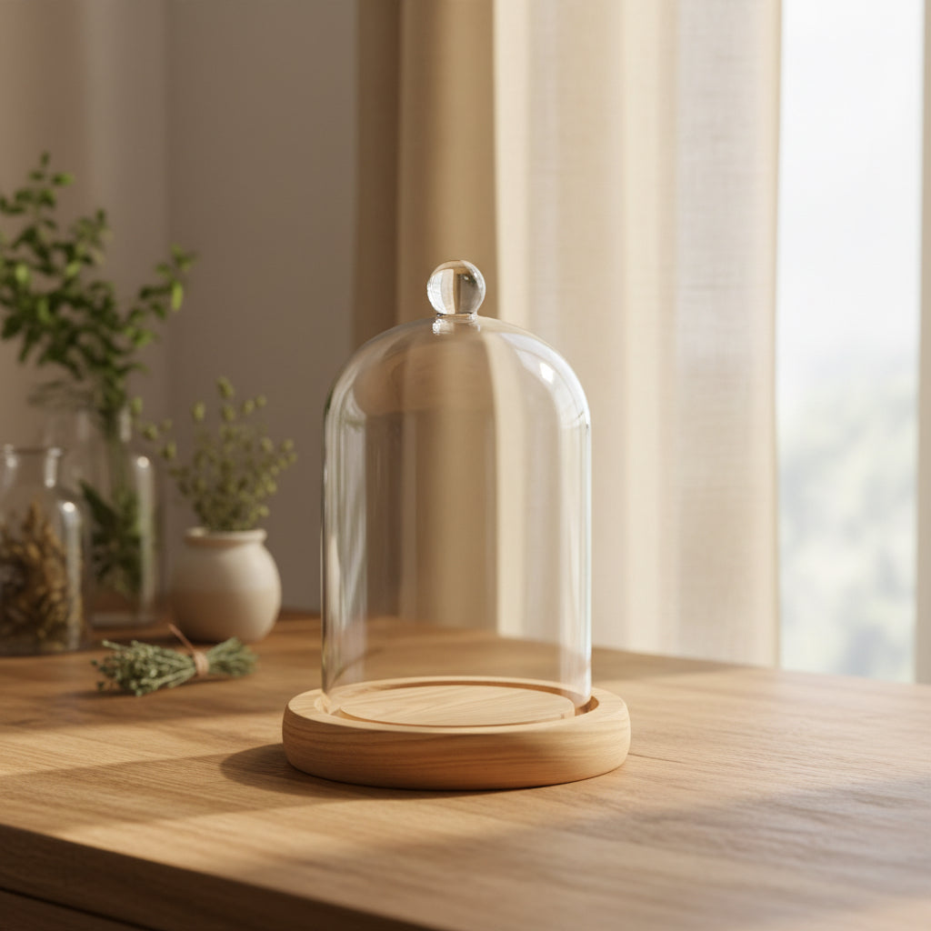 Cloche Glass Bell Jar with Solid Wood Base NEW SIZE