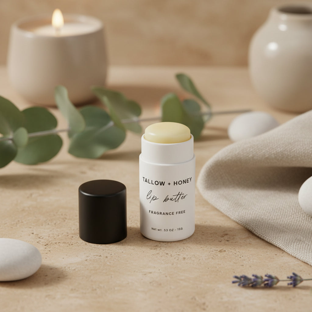 Fragrance Free Tallow + Honey Lip Butter | Eco-Friendly Travel Tube