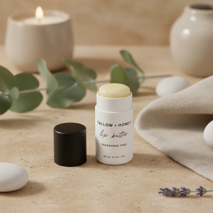 Fragrance Free Tallow + Honey Lip Butter | Eco-Friendly Travel Tube