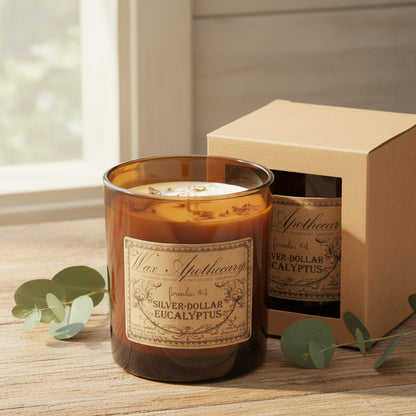 9 oz Silver-Dollar Eucalyptus Artisan Amber Glass Candle