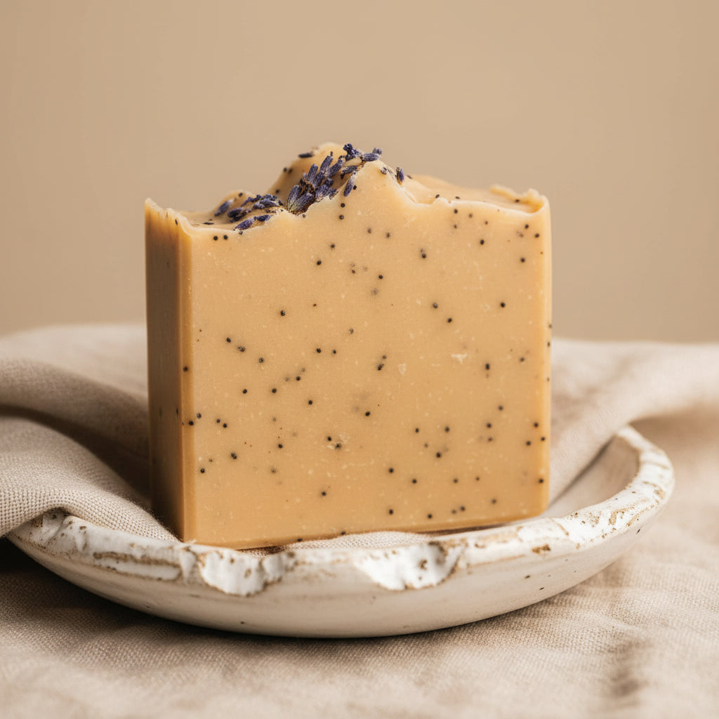 Bar of soap with specks on a textured white background