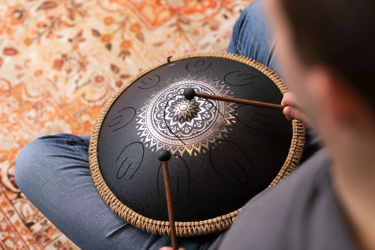 16" Octave Steel Tongue Drum, D Kurd, Lasered Floral Design, Black