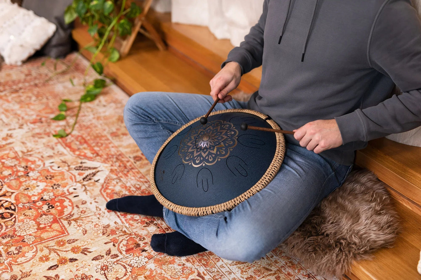 16" Octave Steel Tongue Drum, D Amara, Lasered Floral Design, Navy Blue