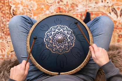 16" Octave Steel Tongue Drum, D Amara, Lasered Floral Design, Navy Blue