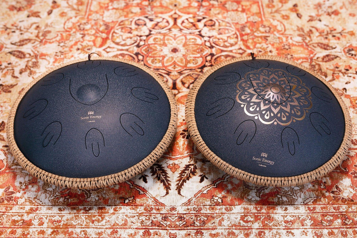 16" Octave Steel Tongue Drum, D Amara, Lasered Floral Design, Navy Blue