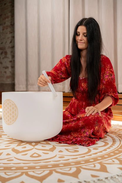 16" White-Frosted Crystal Singing Bowl, Flower of Life 128 Hz