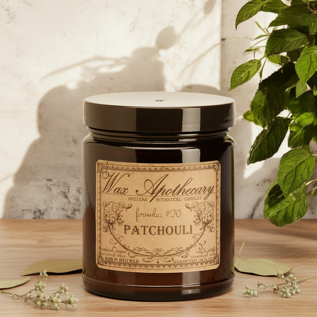 6 oz Botanical Candle in Amber Glass Jar - Patchouli
