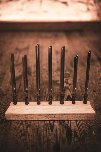 7-Piece Planetary Tuned Therapy Tuning Fork Chakra Set incl. Holder