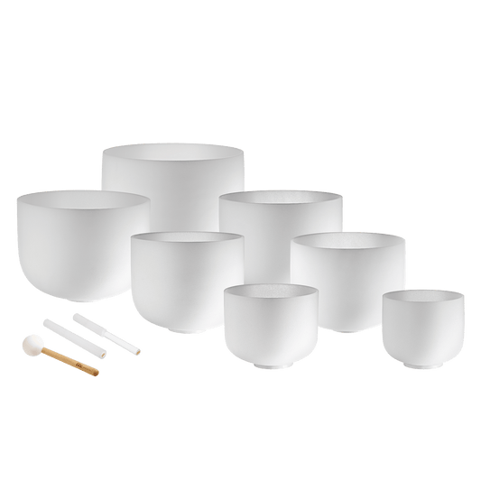 432 Hz Crystal Singing Bowl Chakra Set - 7 Pure White Quartz Bowls (8"–14")
