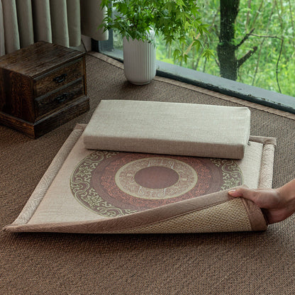 Double-Sided Meditation Cushion Set – Auspicious Botanical Fabric & Bamboo Fiber (Two-Tier)